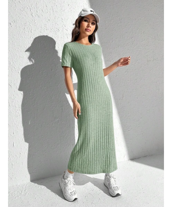 Kadın Kısa Kollu Bisiklet Yaka Yırtmaç Detay Fitilli Kaşkorse Tam Boy Elbise