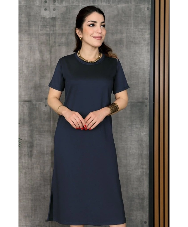 Kadın Kısa Kollu Bisiklet Yaka Yırtmaçlı Viskon Iki Iplik Elbise