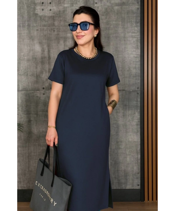 Kadın Kısa Kollu Bisiklet Yaka Yırtmaçlı Viskon Iki Iplik Elbise