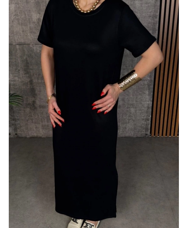 Kadın Kısa Kollu Bisiklet Yaka Yırtmaçlı Viskon Iki Iplik Elbise