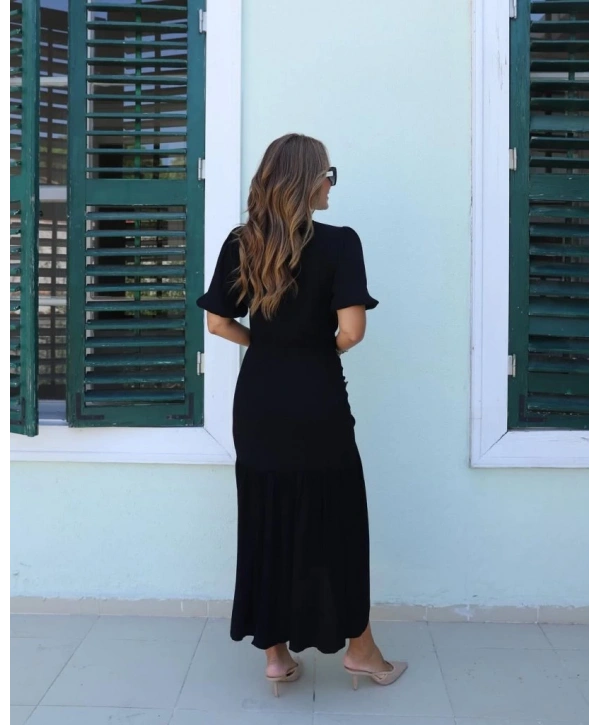 Kadın Kısa Kollu Bisiklet Yakalı Yandan Yırtmaçlı Büzgülü Janjan Krep Elbise