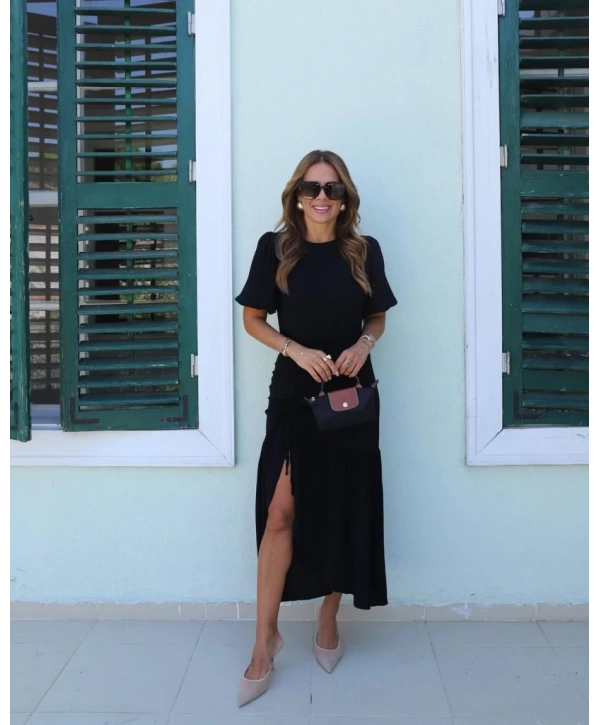 Kadın Kısa Kollu Bisiklet Yakalı Yandan Yırtmaçlı Büzgülü Janjan Krep Elbise