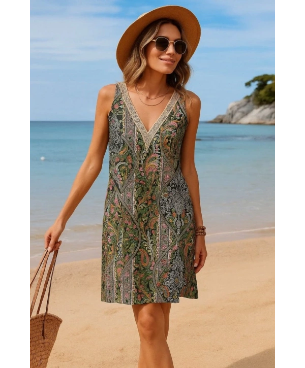 Kadın Kısa Kollu Dantel V Yakalı Desenli Süprem Elbise