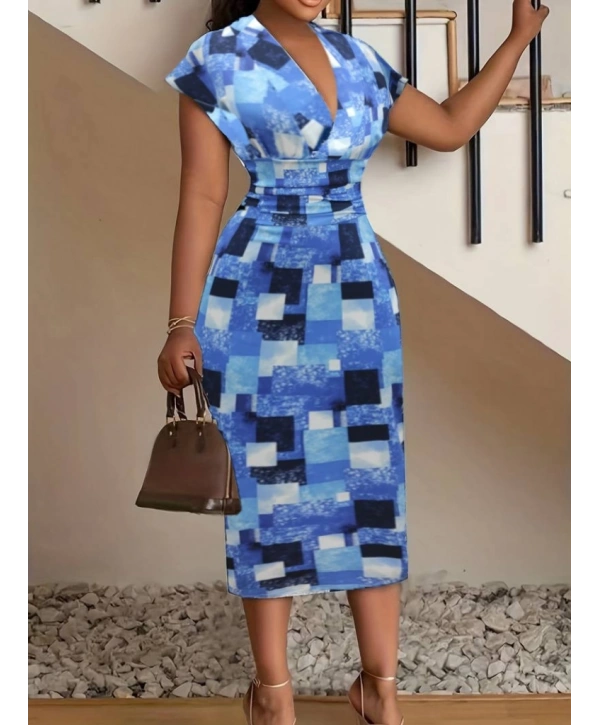 Kadın Kısa Kollu Derin V Yaka Dalgıç Midi Elbise