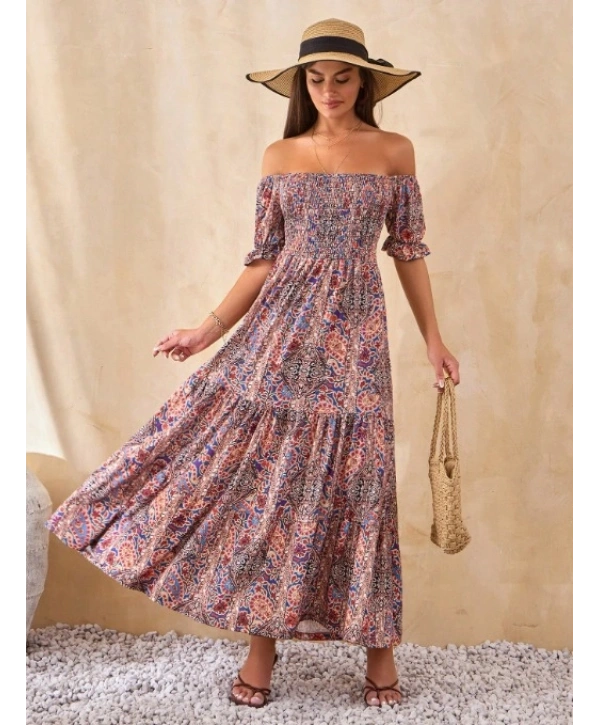 Kadın Kısa Kollu Düşük Omuzlu Beli Büzgülü Dijital Desenli Kesik Elyaf Süprem Uzun Elbise