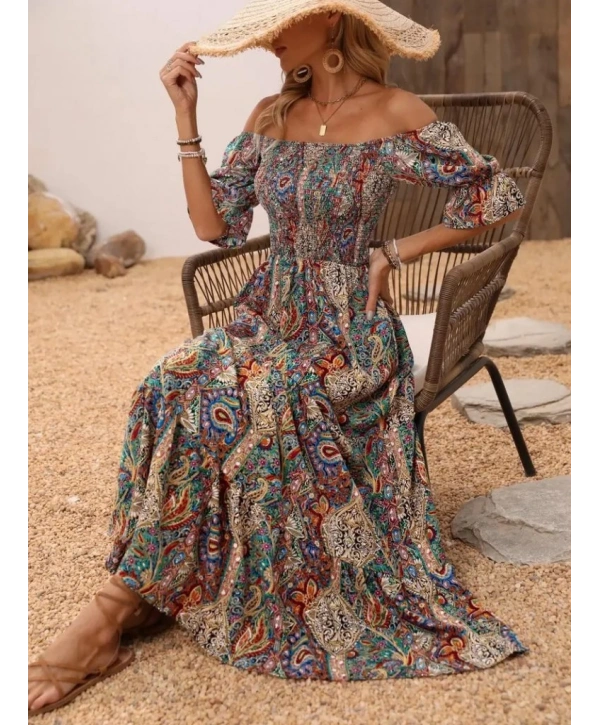 Kadın Kısa Kollu Düşük Omuzlu Beli Büzgülü Dijital Desenli Kesik Elyaf Süprem Uzun Elbise