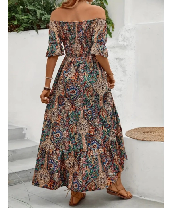 Kadın Kısa Kollu Düşük Omuzlu Beli Büzgülü Dijital Desenli Kesik Elyaf Süprem Uzun Elbise