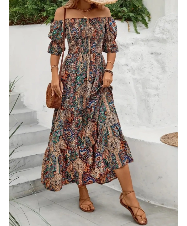 Kadın Kısa Kollu Düşük Omuzlu Beli Büzgülü Dijital Desenli Kesik Elyaf Süprem Uzun Elbise