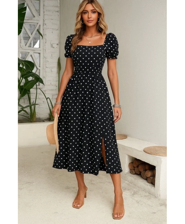 Kadın Kısa Kollu Geometrik Yaka Yırtmaçlı Puantiyeli Midi örme Krep Elbise