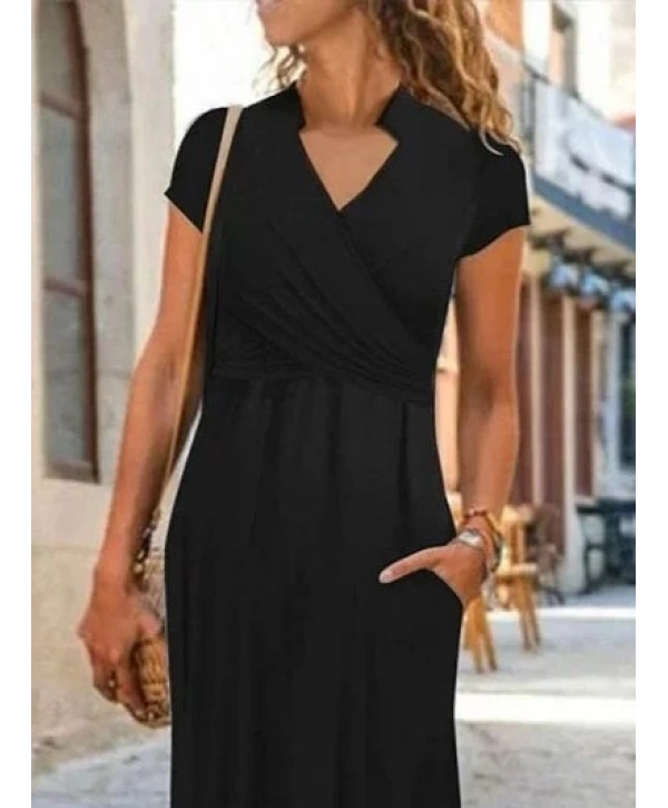 Kadın Kısa Kollu Hakim V Yaka Viskon Elbise