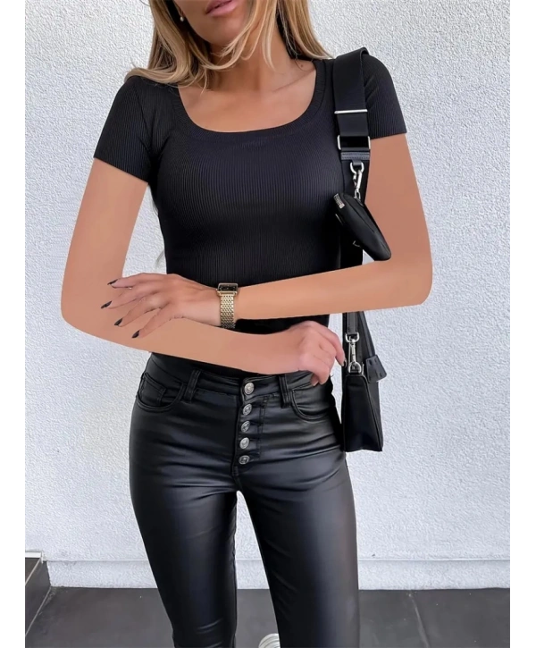 Kadın Kısa Kollu Kare Yaka Basic Kaşkorse Bluz