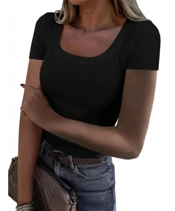 Kadın Kısa Kollu Kare Yaka Basic Kaşkorse Bluz