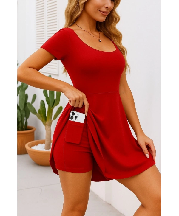 Kadın Kısa Kollu Kare Yaka Short Detaylı Cepli Dalgıç Elbise