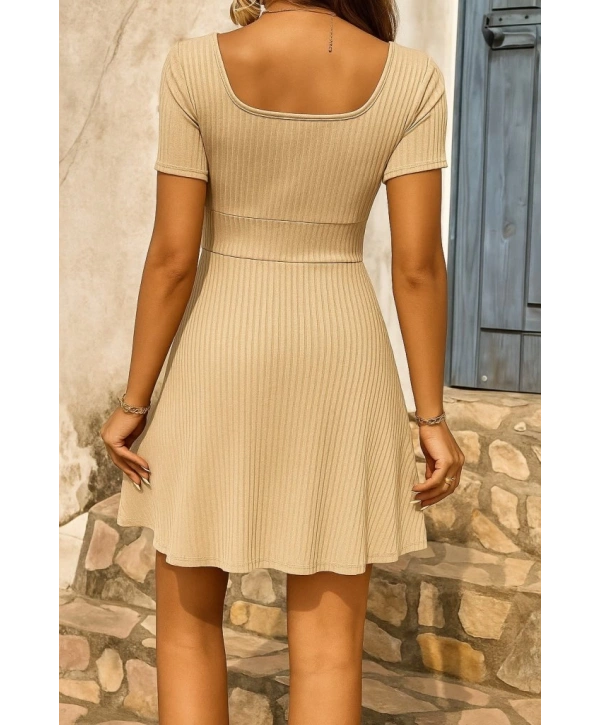 Kadın Kısa Kollu Kare Yakalı Bağcıklı Kaşkorse Elbise