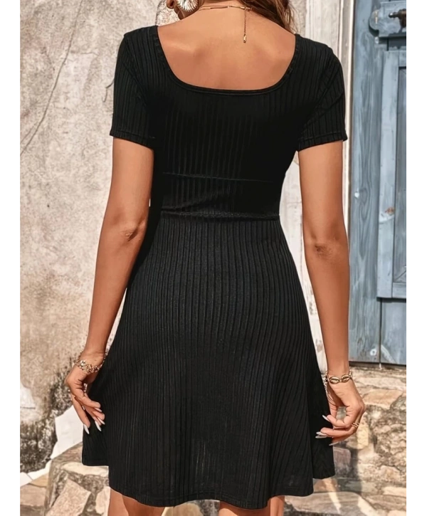 Kadın Kısa Kollu Kare Yakalı Bağcıklı Kaşkorse Elbise