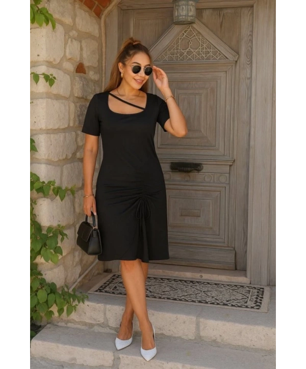 Kadın Kısa Kollu Kare Yakalı Ip Detaylı Janjan Krep Elbise