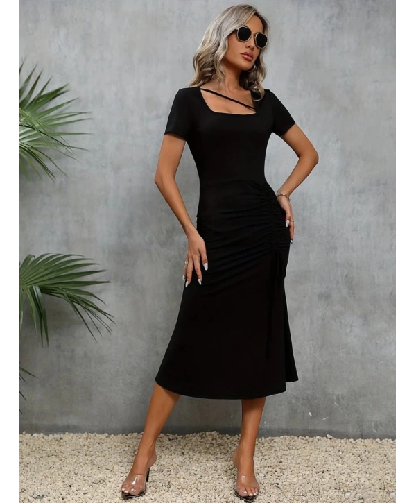 Kadın Kısa Kollu Kare Yakalı Ip Detaylı Janjan Krep Elbise