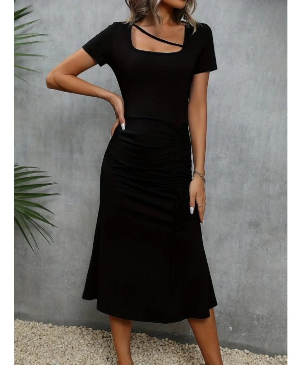 Kadın Kısa Kollu Kare Yakalı Ip Detaylı Janjan Krep Elbise