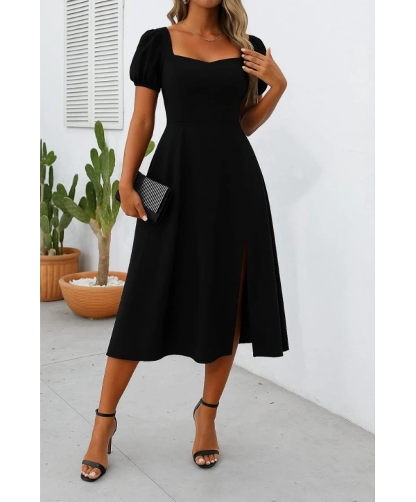 Kadın Kısa Kollu Kare Yakalı Yırtmaçlı Midi Janjan Krep Elbise