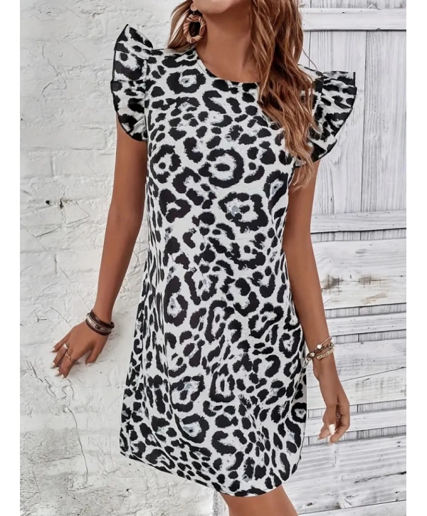 Kadın Kısa Kollu Kolları Fırfır Detay Arkası Bağlamalı Leopar Desen Kolsuz Mini Mikro Elbise