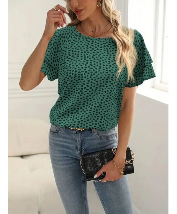 Kadın Kısa Kollu Kolları Volanlı Baskılı Süprem Bluz