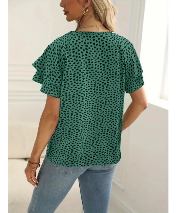 Kadın Kısa Kollu Kolları Volanlı Baskılı Süprem Bluz