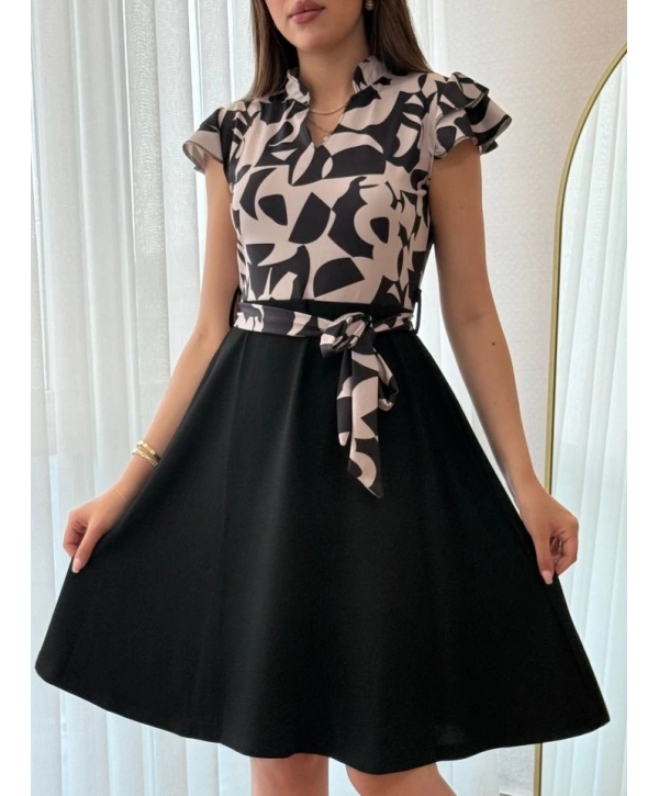 Kadın Kısa Kollu Kolu Fırfır Detay Mini Kuşaklı Kloş Krep Elbise