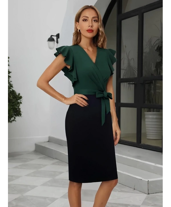 Kadın Kısa Kollu Kruvaze Yaka Beli Kuşaklı Blok Desenli Ithal Krep Elbise