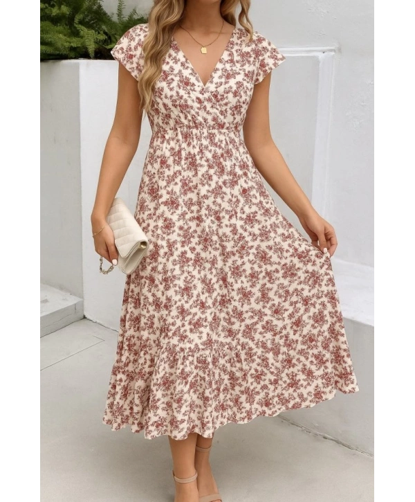 Kadın Kısa Kollu Kruvaze Yaka Beli Lastikli çiçek Desenli Elbise