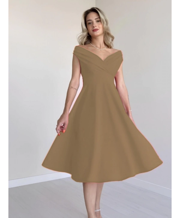 Kadın Kısa Kollu Kruvaze Yaka Eteği Volanlı Krep Elbise