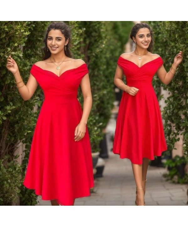 Kadın Kısa Kollu Kruvaze Yaka Eteği Volanlı Krep Elbise