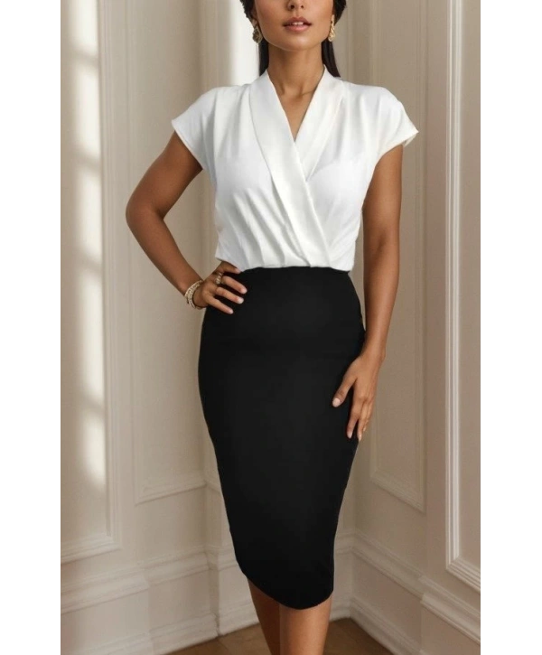 Kadın Kısa Kollu Kruvaze Yaka Krep Elbise (Kemersiz)