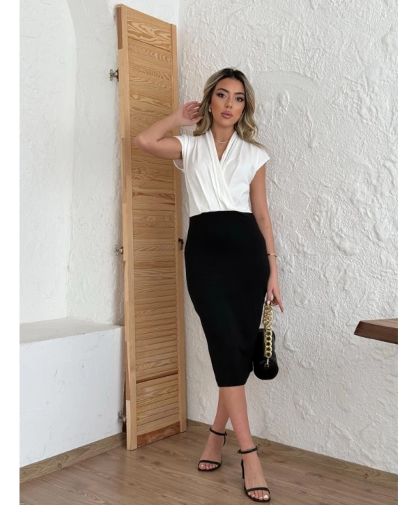 Kadın Kısa Kollu Kruvaze Yaka Krep Elbise (Kemersiz)