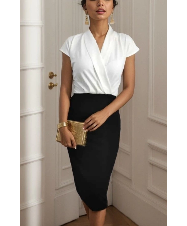 Kadın Kısa Kollu Kruvaze Yaka Krep Elbise (Kemersiz)