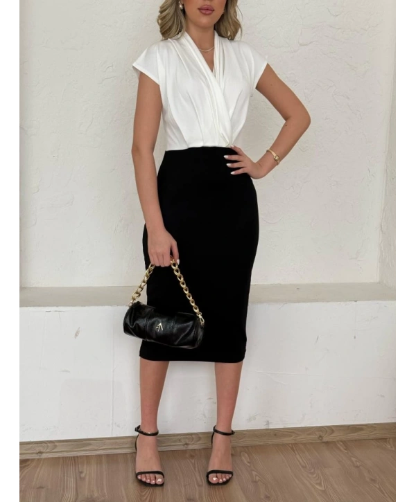 Kadın Kısa Kollu Kruvaze Yaka Krep Elbise (Kemersiz)