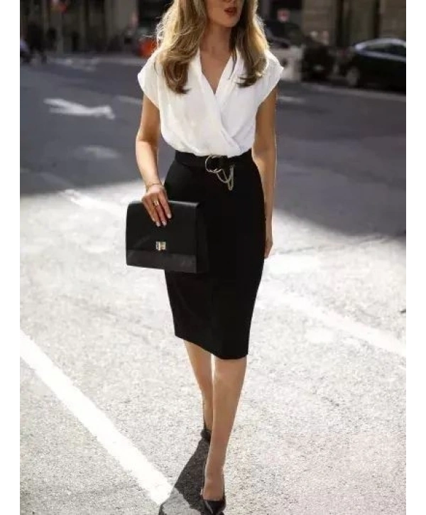 Kadın Kısa Kollu Kruvaze Yaka Krep Elbise (Kemersiz)