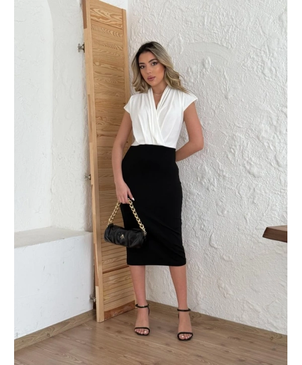 Kadın Kısa Kollu Kruvaze Yaka Krep Elbise (Kemersiz)