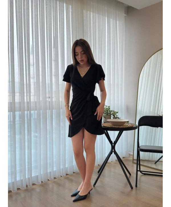 Kadın Kısa Kollu Kruvaze Yakalı Belden Bağlamalı Ithal Krep Elbise