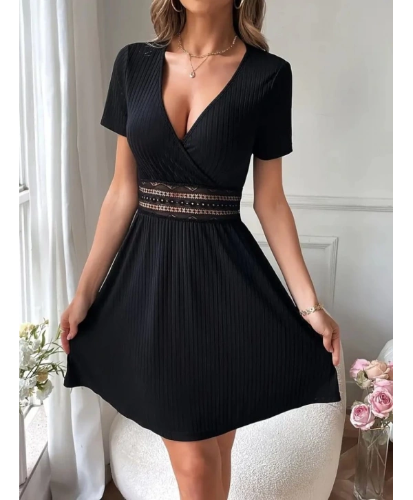 Kadın Kısa Kollu Kruvaze Yakalı Belden Dantelli Kaşkorse Elbise