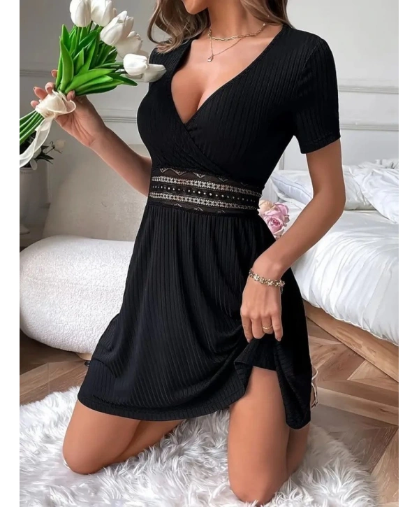 Kadın Kısa Kollu Kruvaze Yakalı Belden Dantelli Kaşkorse Elbise