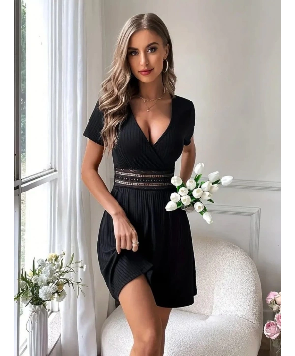 Kadın Kısa Kollu Kruvaze Yakalı Belden Dantelli Kaşkorse Elbise