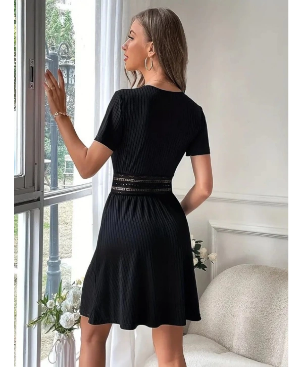 Kadın Kısa Kollu Kruvaze Yakalı Belden Dantelli Kaşkorse Elbise