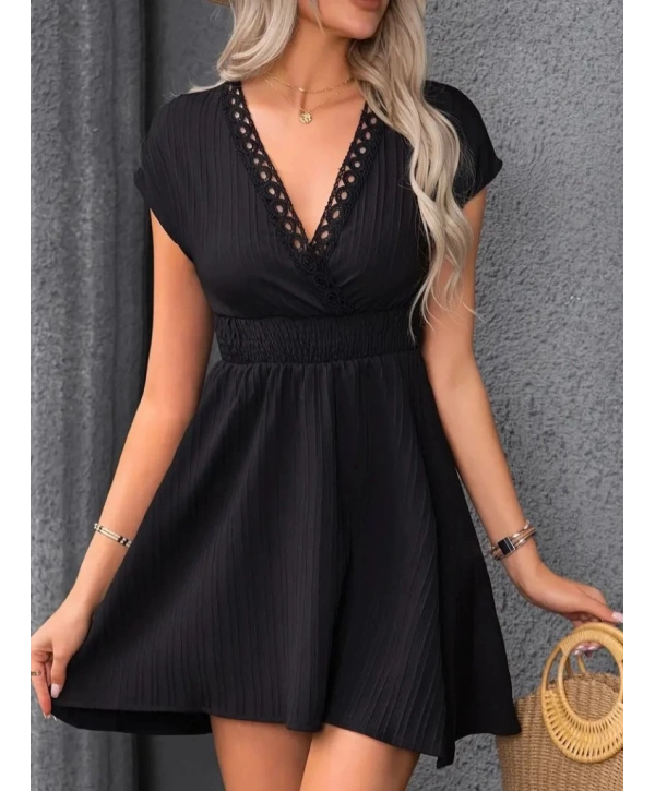 Kadın Kısa Kollu Kruvaze Yakalı Beli Lastikli Bürümcük Elbise