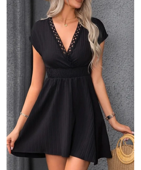 Kadın Kısa Kollu Kruvaze Yakalı Beli Lastikli Bürümcük Elbise