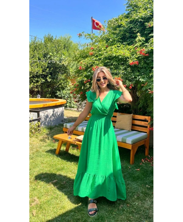 Kadın Kısa Kollu Kruvaze Yakalı Beli Lastikli Müslim Elbise