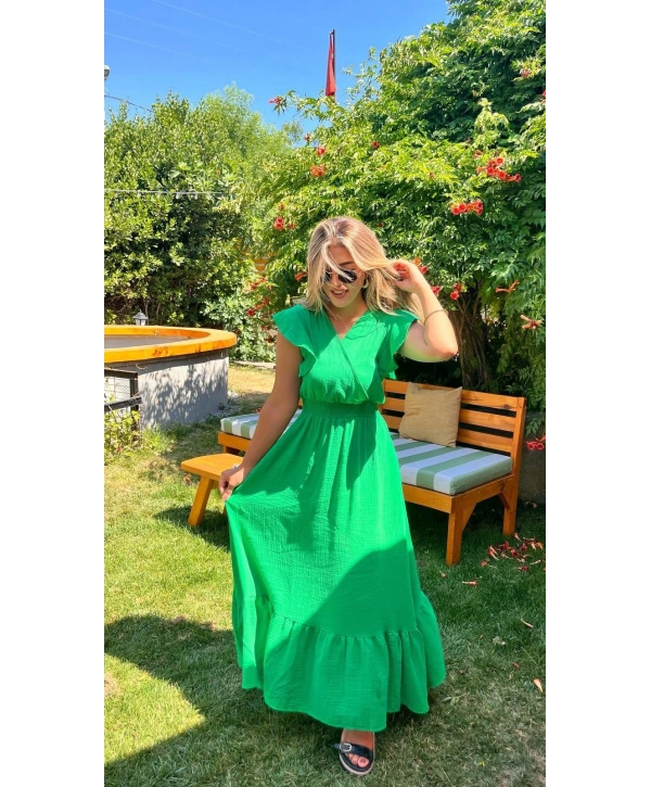 Kadın Kısa Kollu Kruvaze Yakalı Beli Lastikli Müslim Elbise