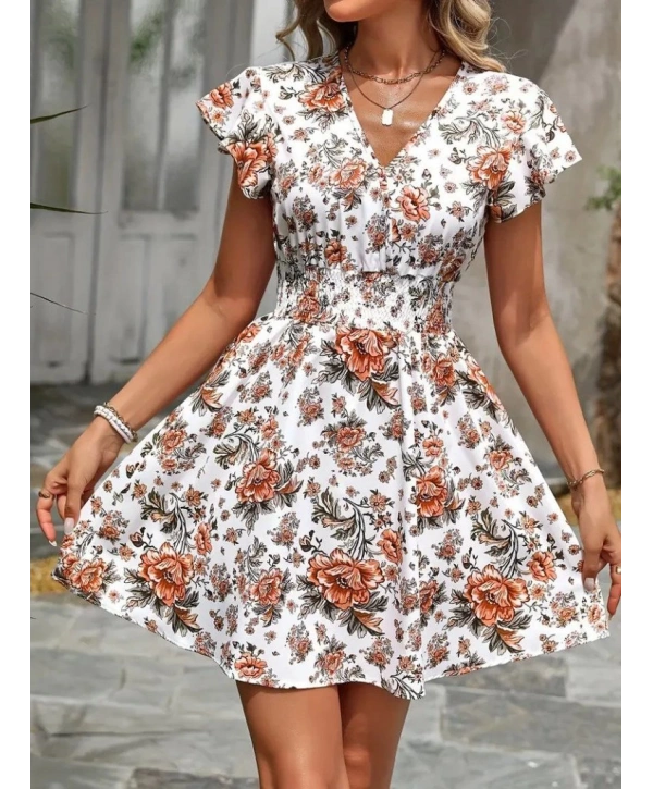Kadın Kısa Kollu Kruvaze Yakalı çiçek Desenli Süprem Elbise