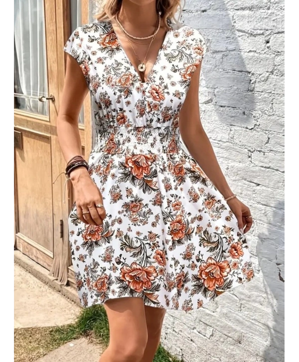 Kadın Kısa Kollu Kruvaze Yakalı çiçekli Desenli Süprem Elbise