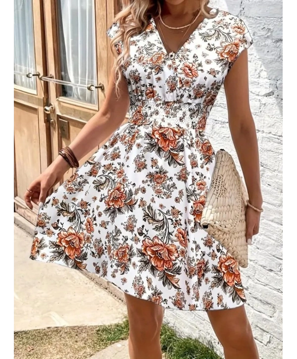 Kadın Kısa Kollu Kruvaze Yakalı çiçekli Desenli Süprem Elbise