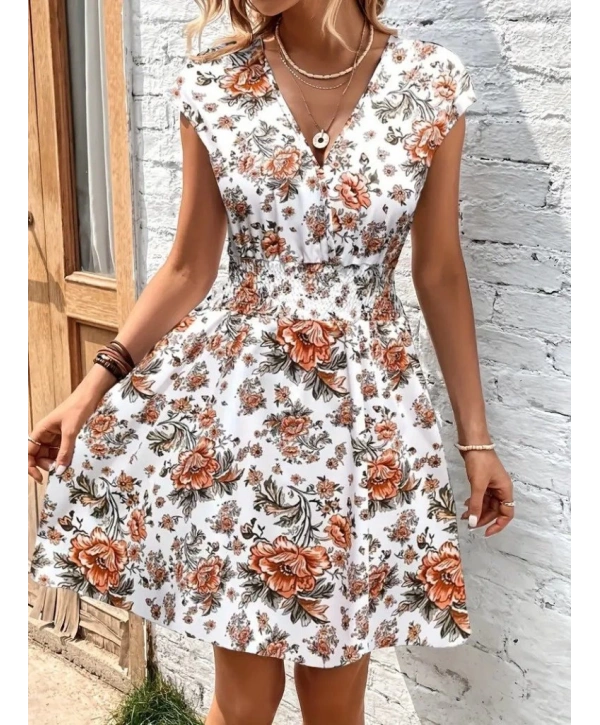 Kadın Kısa Kollu Kruvaze Yakalı çiçekli Desenli Süprem Elbise